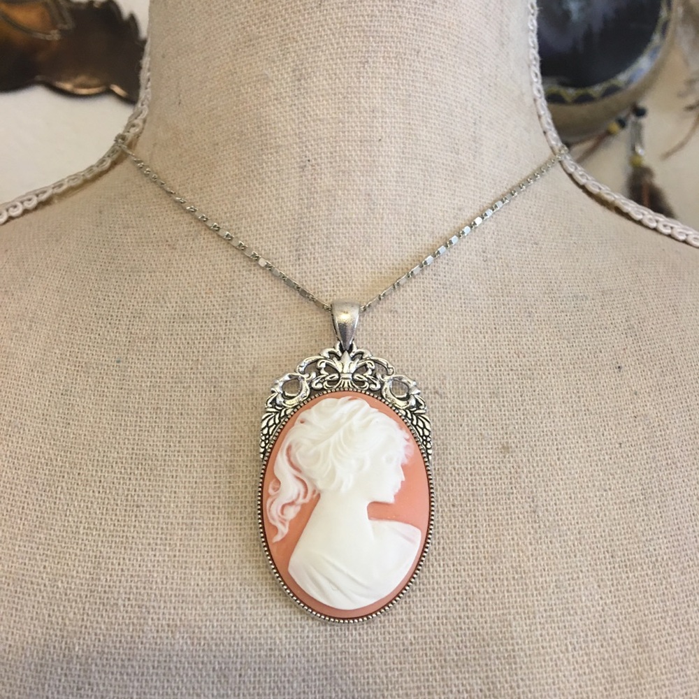 Repurposed elegant lady cameo pendant on chain